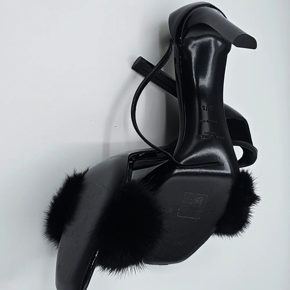 Saint Laurent Black Fur Strap Heels 37 1/2 - Picture 11 of 16